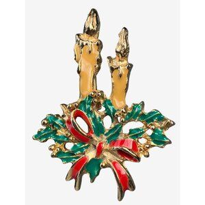 Holiday Candle Pin Brooch Gold Tone With Red Bow and Green Holly Leaves Vintage